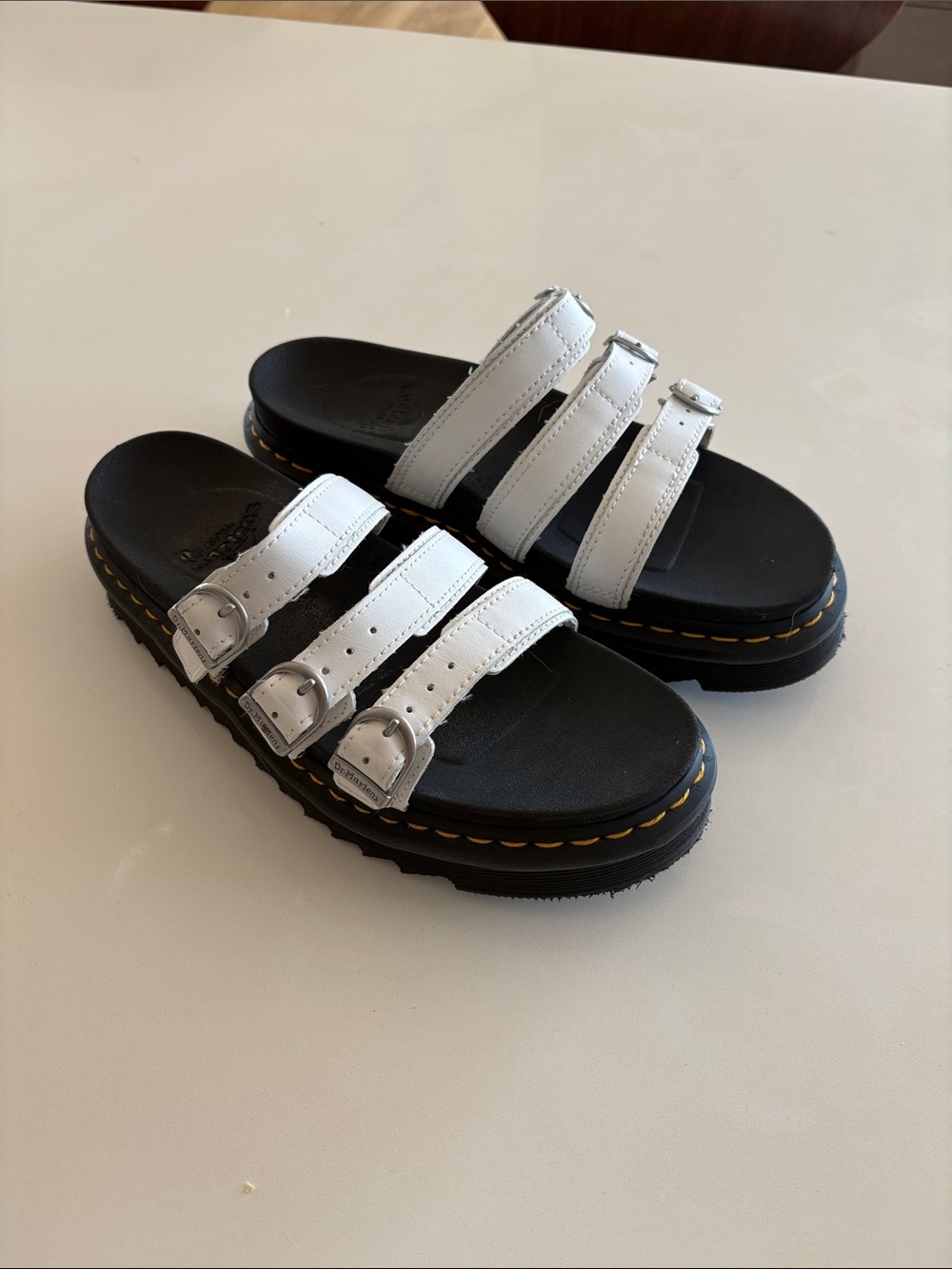 Dr. Martens White Triple-Strap Slide Sandals with Yellow Stitching